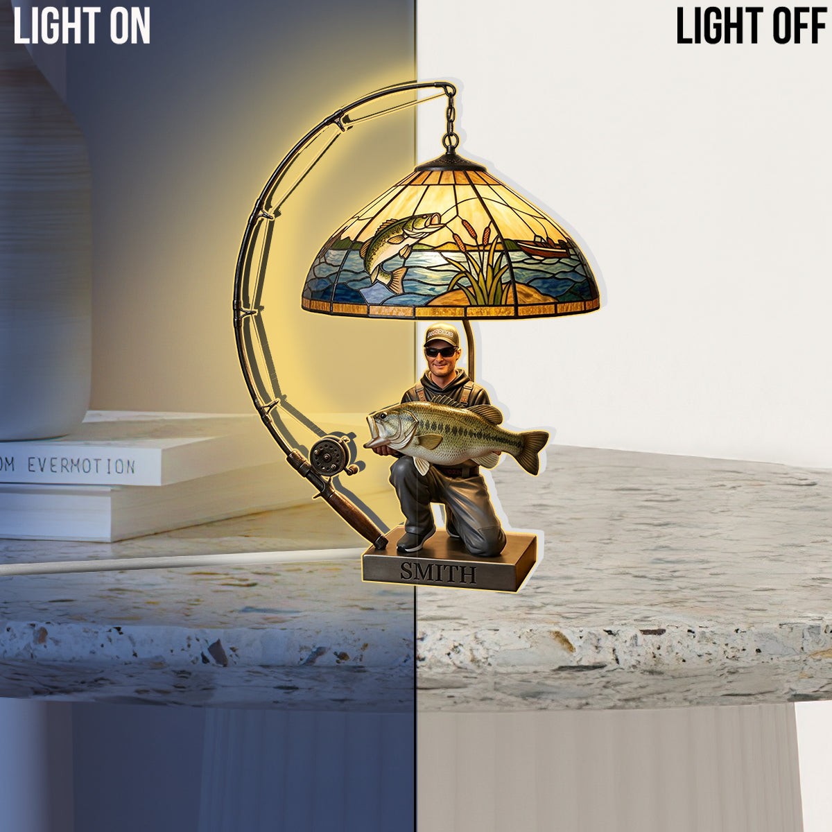 Personalized Black Fisherman Acrylic LED Night Light Fishing Lover Gift