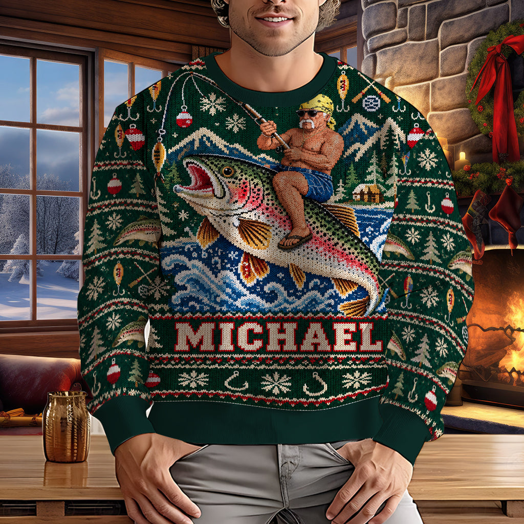 Personalized Christmas Black Fisherman Riding Fish Ugly Sweater