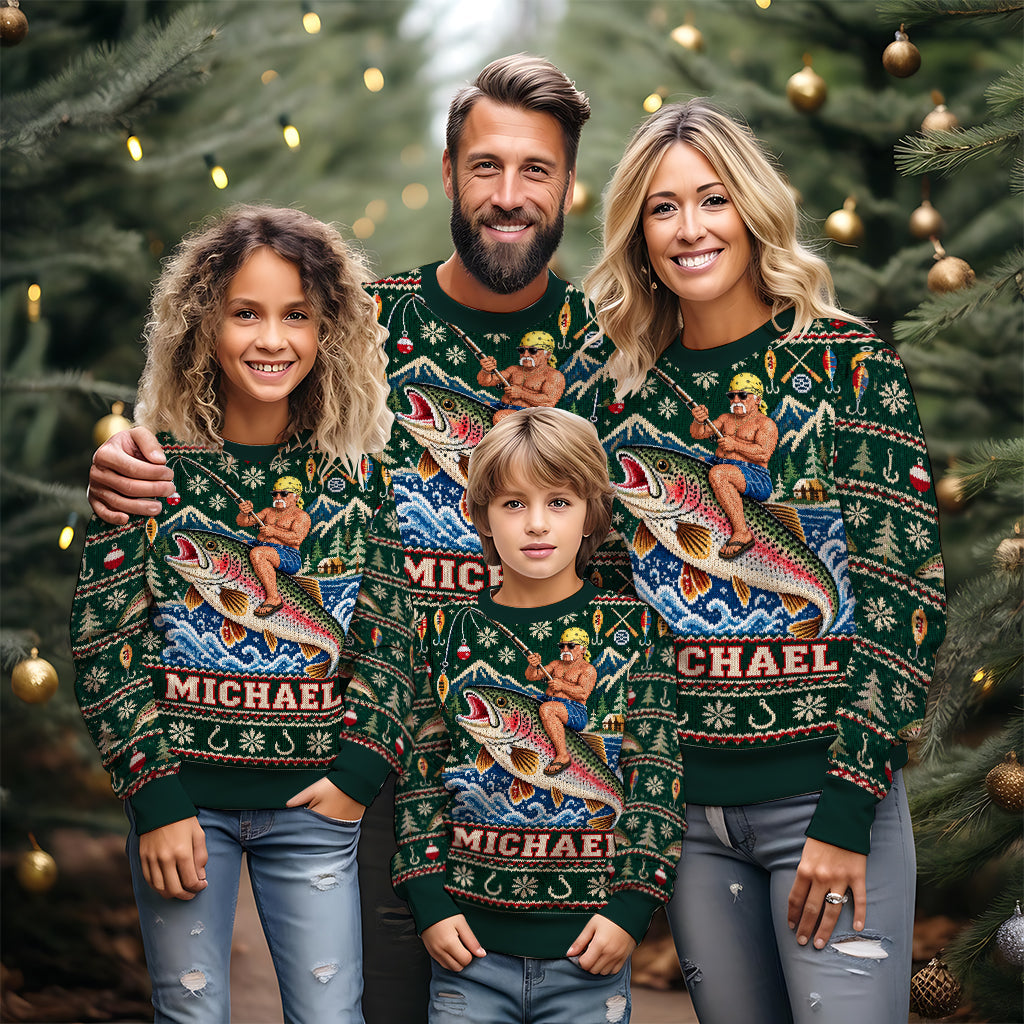 Personalized Christmas Black Fisherman Riding Fish Ugly Sweater