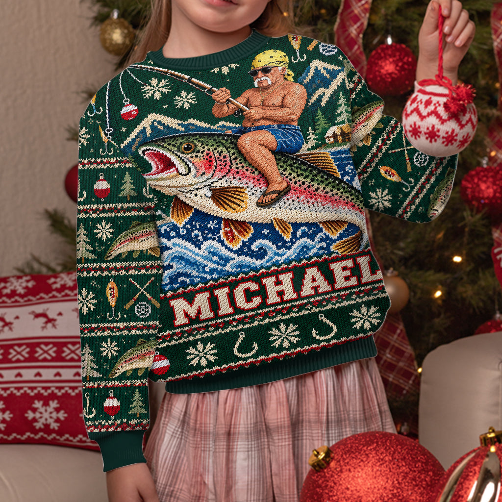 Personalized Christmas Black Fisherman Riding Fish Ugly Sweater