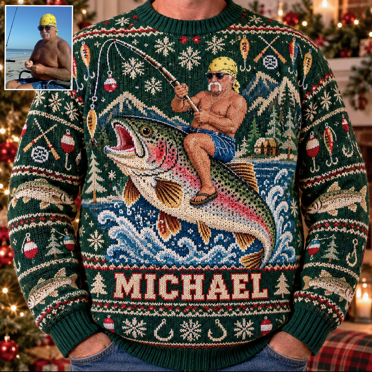 Personalized Christmas Black Fisherman Riding Fish Ugly Sweater