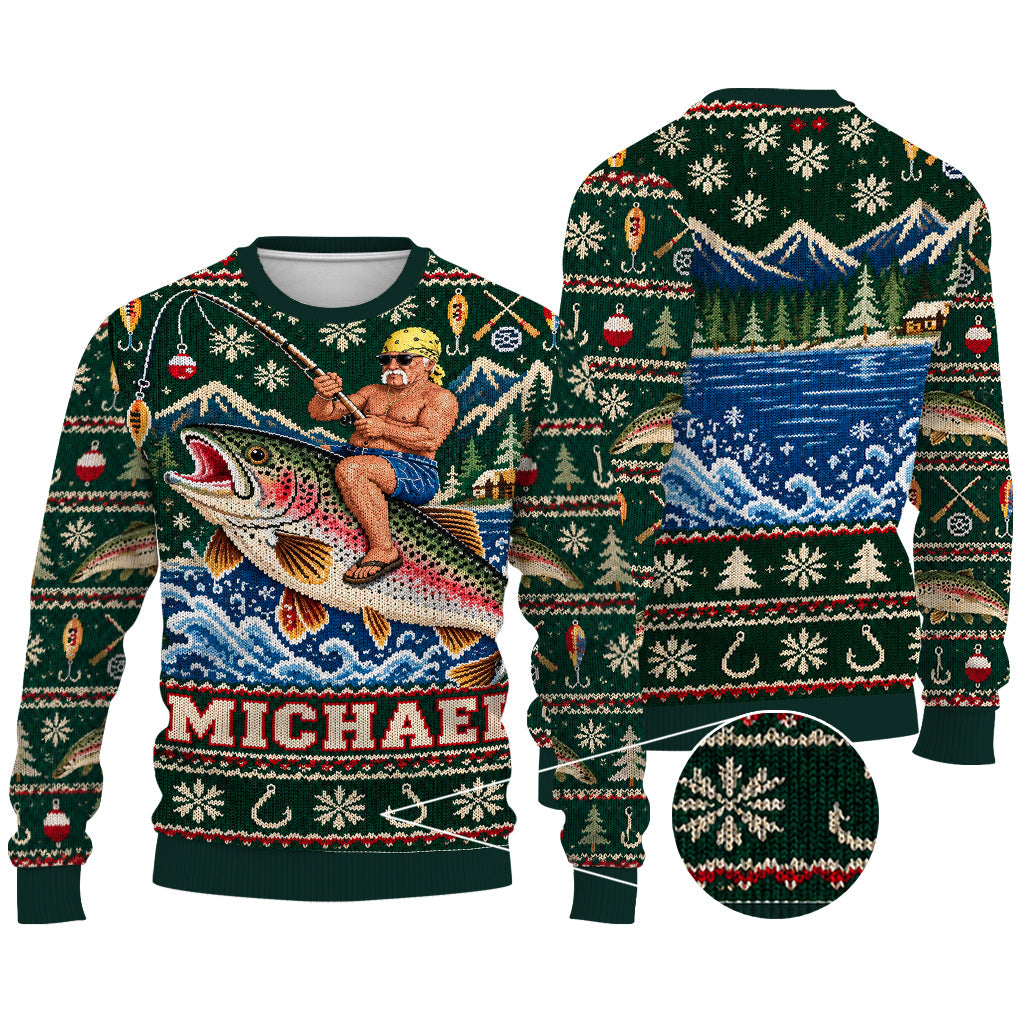 Personalized Christmas Black Fisherman Riding Fish Ugly Sweater