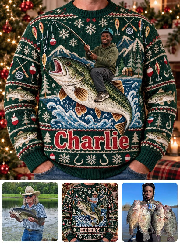 Personalized Christmas Black Fisherman Riding Fish Ugly Sweater