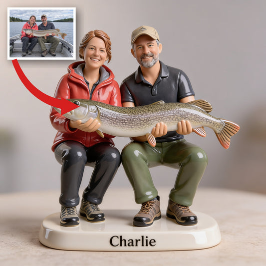 Figurine 3D Personnalisée Couple de Pêcheurs d'Âge Moyen Cadeau Souvenir