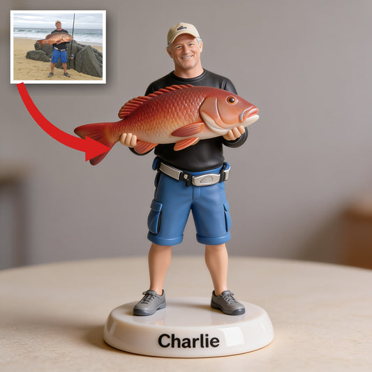Figurine 3D Personnalisée de Pêcheur d'Âge Moyen, Cadeau Souvenir de Pêche