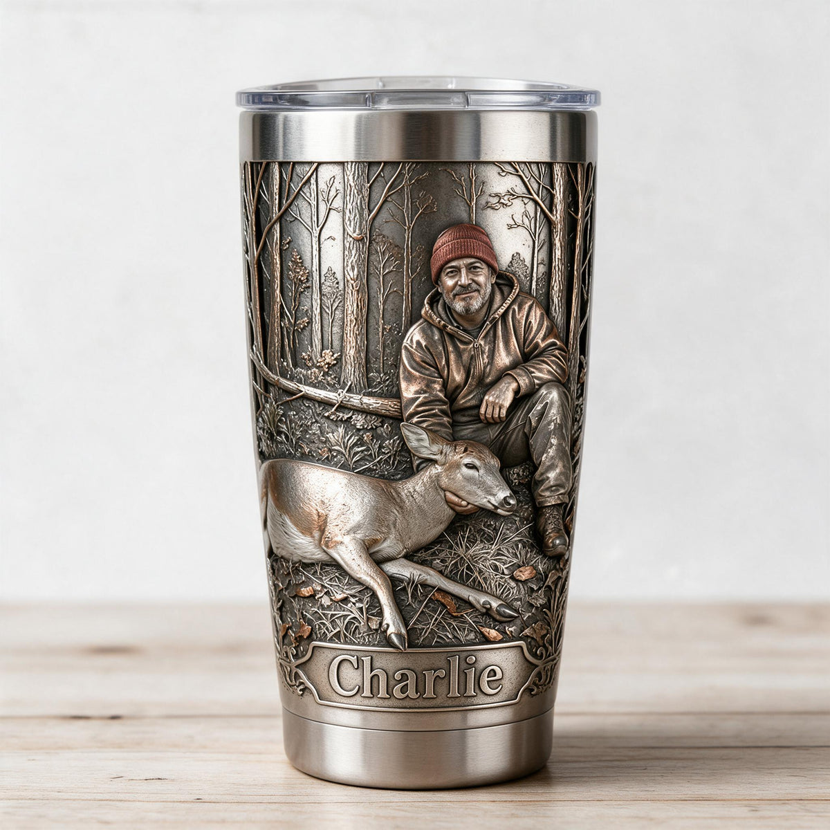 Personalized Middle-Aged Latino Hunter with Deer Hunting Tumbler