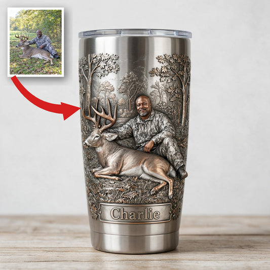 Gobelet Personnalisé Chasseur Noir d'Âge Moyen avec Cerf, Cadeau Chasseur