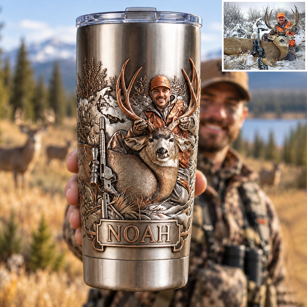 Personalized Custom Photo Middle-Aged Hunting Couple with Deer Tumbler Hunting Gift