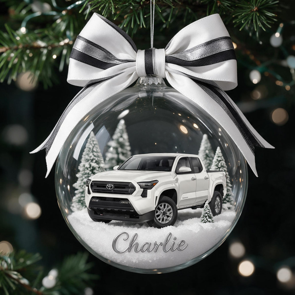Personalized Christmas White Toyota Tacoma Pickup Truck Snow Globe Ornament Car Lover Gift