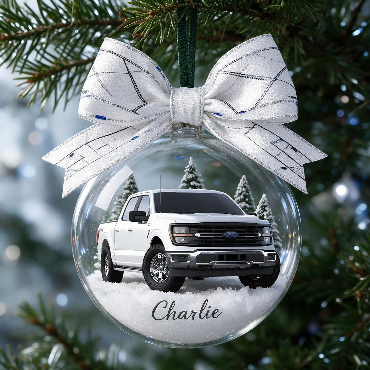 Personalized Christmas White Ford Pickup Truck Snow Globe Ornament Car Lover Gift