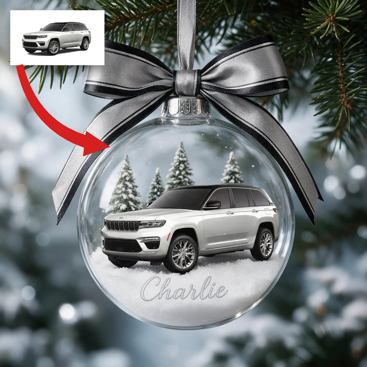 Personalized Christmas Silver Jeep Grand Cherokee Snow Globe Ornament Car Lover Gift