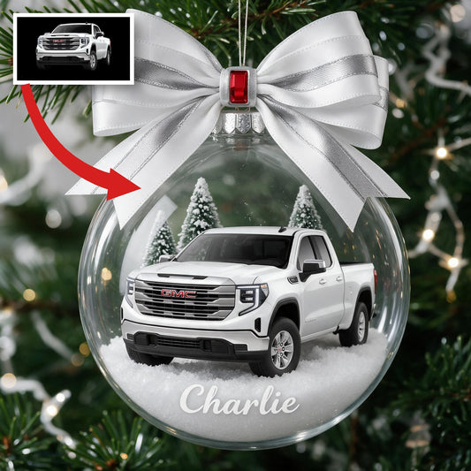 Ornement de globe de neige GMC Pickup Truck Blanc Personnalisé pour Noël