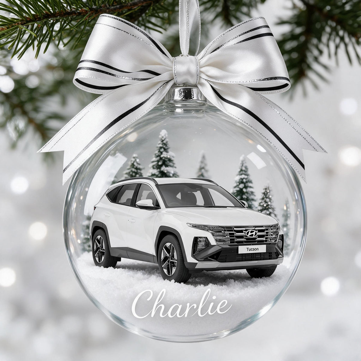 Personalized Christmas White Hyundai Tucson Snow Globe Ornament Car Lover Gift