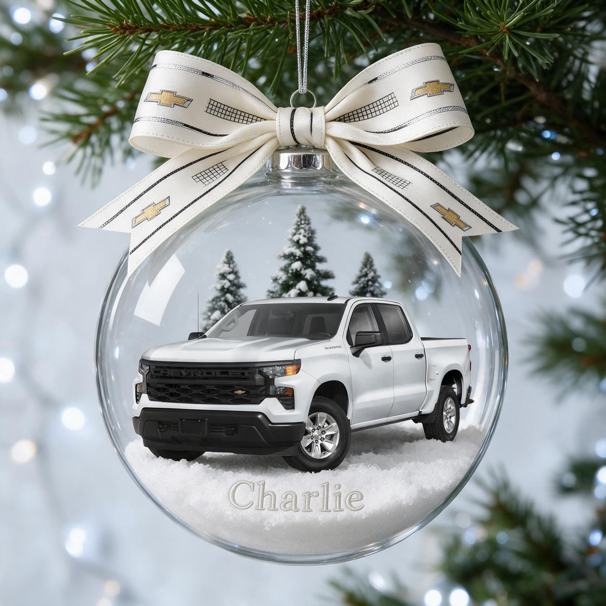 Personalized Christmas White Chevrolet Silverado Pickup Truck Snow Globe Ornament