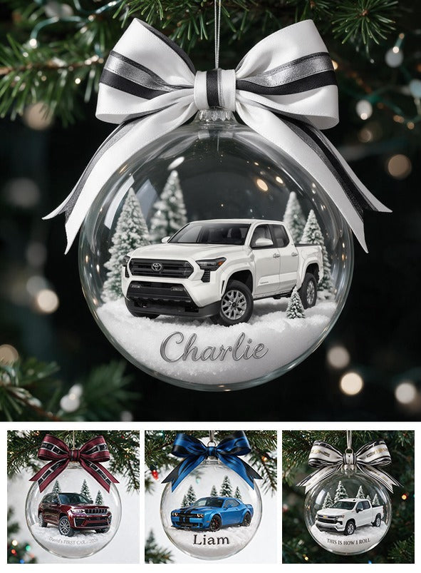 Personalized Christmas White Toyota Tacoma Pickup Truck Snow Globe Ornament Car Lover Gift