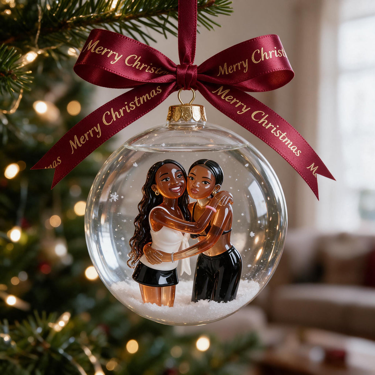 Personalized Christmas Black Lesbian Couple Snow Globe Ornament Holiday Gift