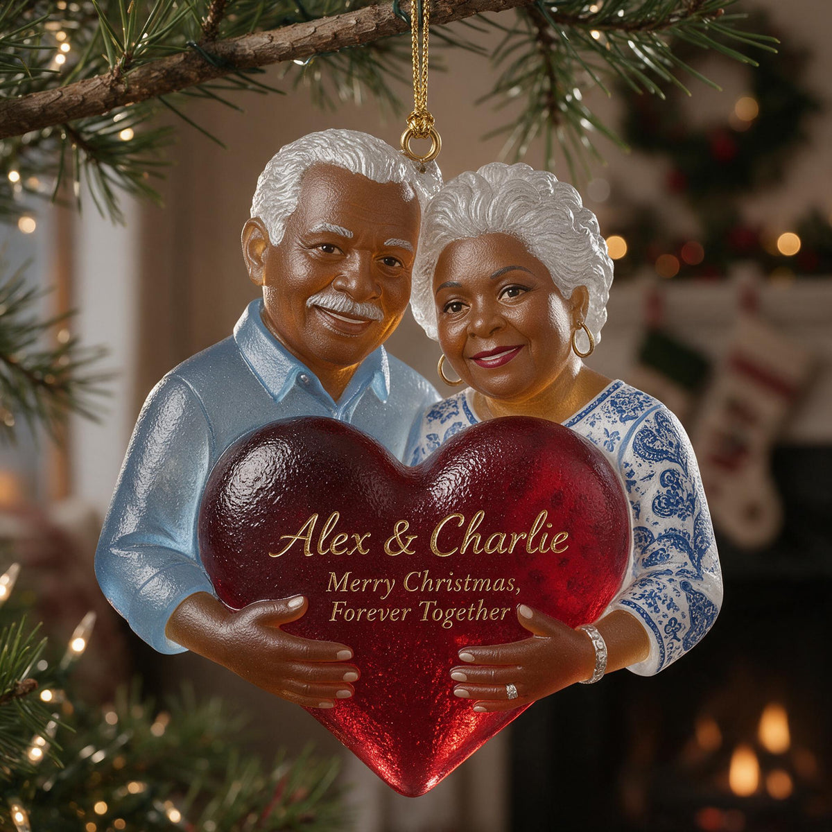 Personalized Christmas Older Black Couple Glass Ornament Grandparents Gift