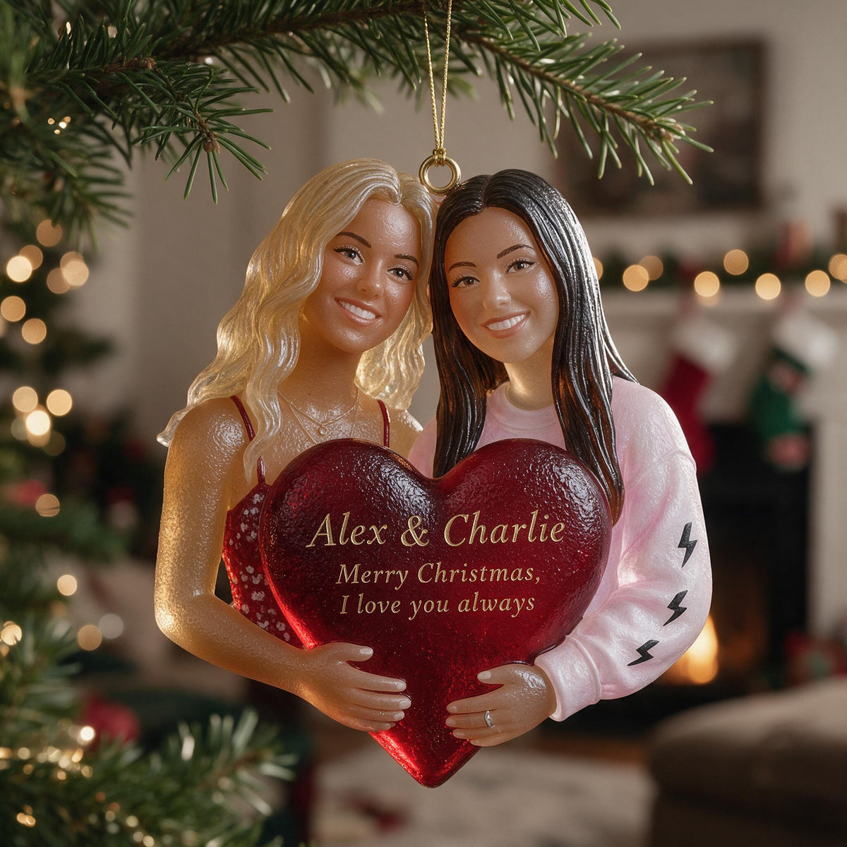 Personalized Christmas Lesbian Couple Custom Shape Glass Ornament Couple Keepsake