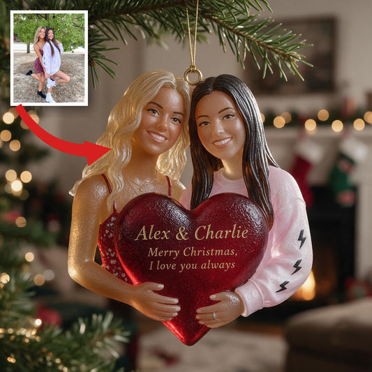 Personalized Christmas Lesbian Couple Custom Shape Glass Ornament Couple Keepsake
