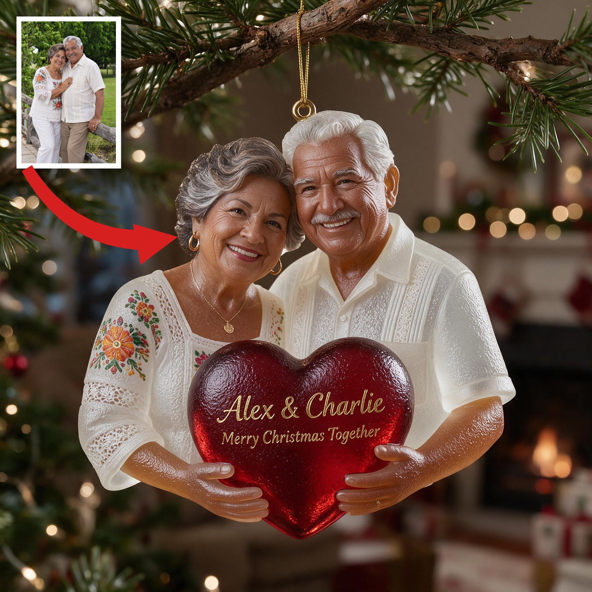 Personalized Older Latino Couple Christmas Glass Ornament