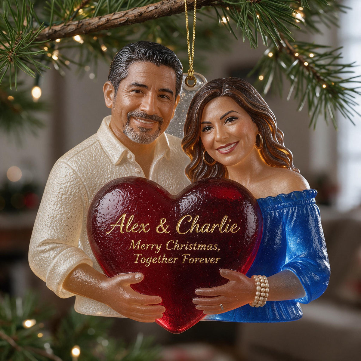 Personalized Middle-Aged Latino Couple Glass Christmas Ornament Couple Gift