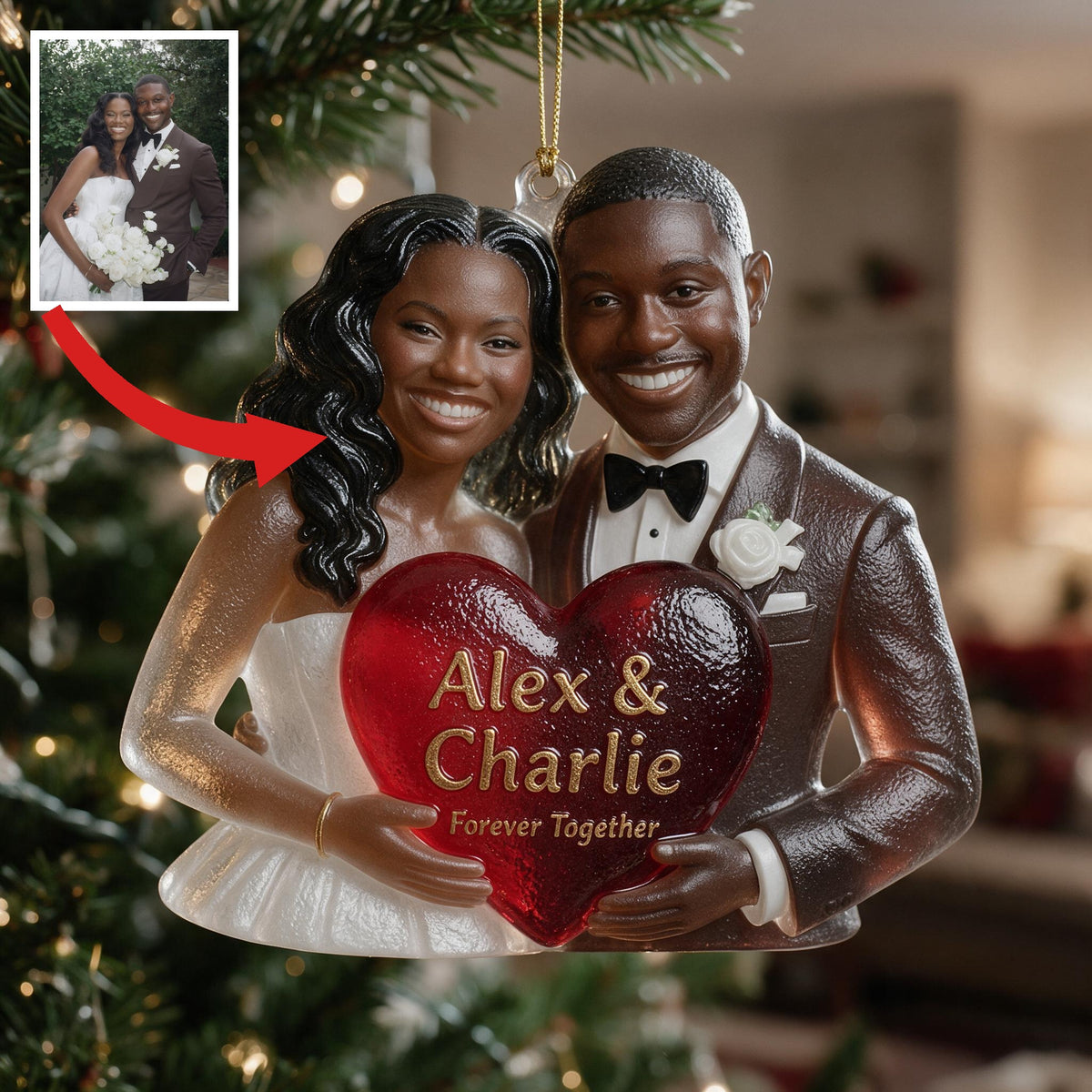 Personalized Wedding Black Couple Custom Glass Ornament, Couple Keepsake Gift