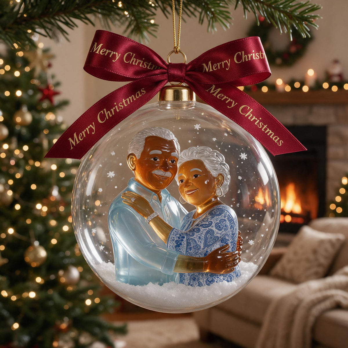 Personalized Christmas Older Black Couple Snow Globe Ornament