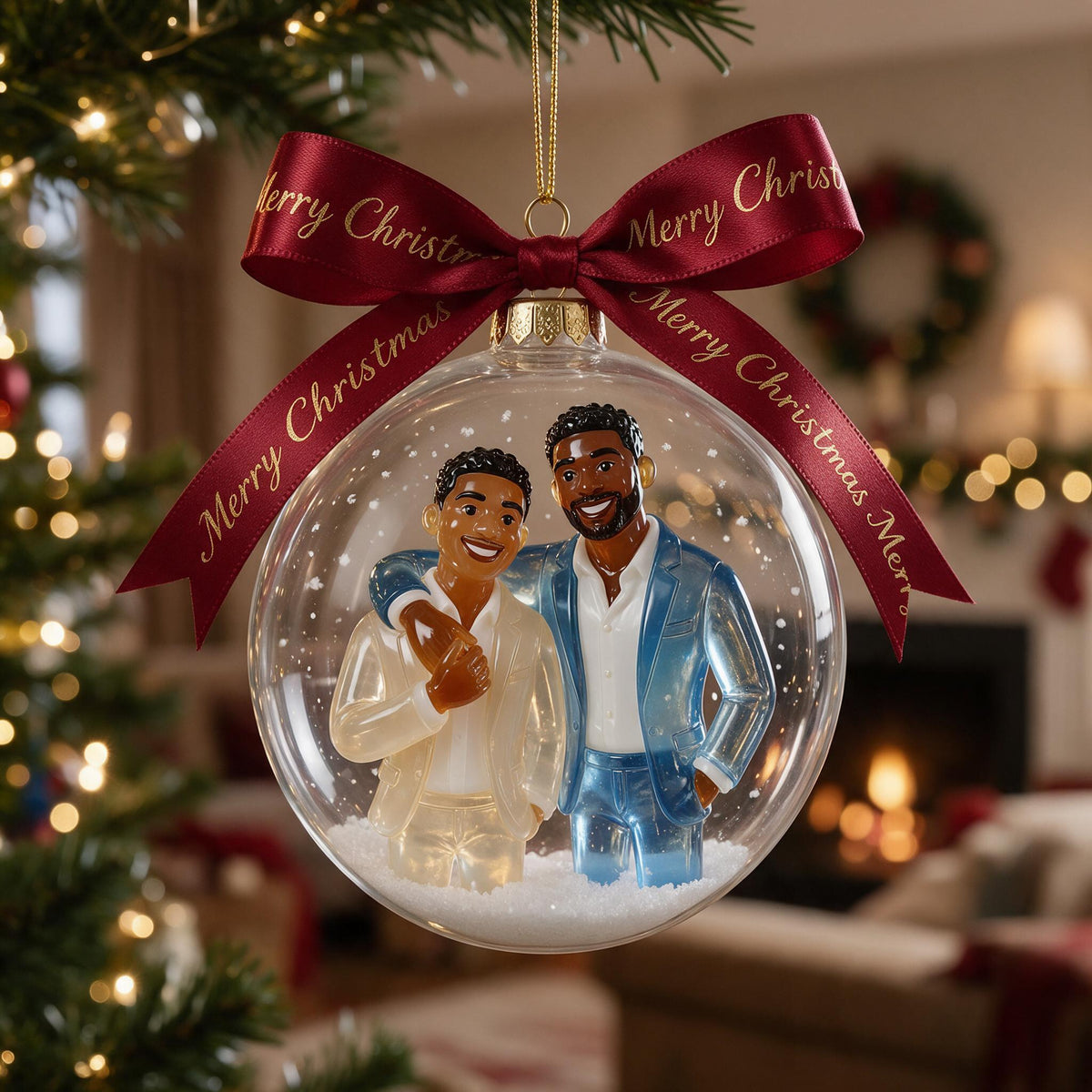 Personalized Christmas Black Gay Couple Snow Globe Ornament LGBT Holiday Keepsake
