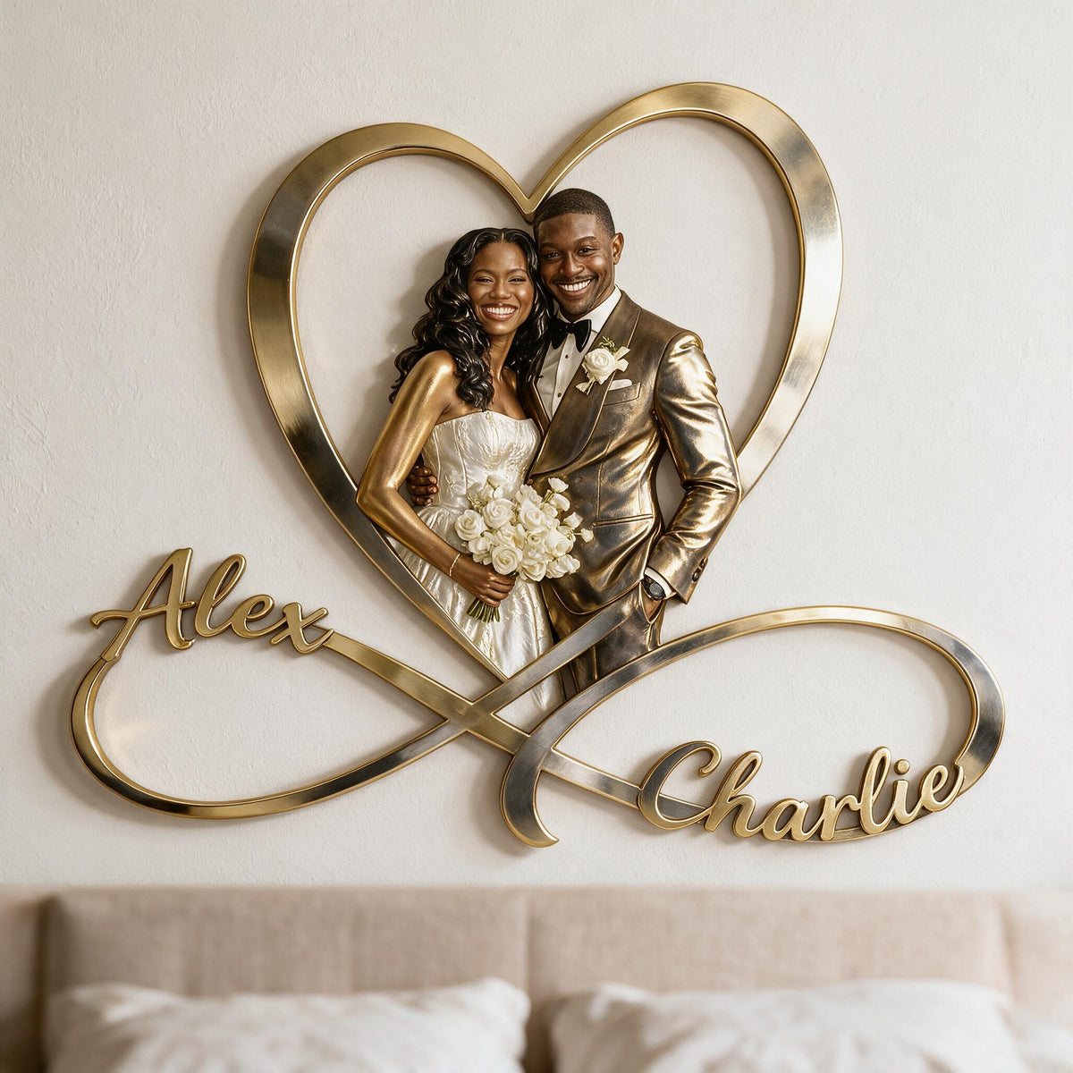 Panneau Métallique Personnalisé Photo de Mariage Couple Noir Coeur Infini Décor de Chambre