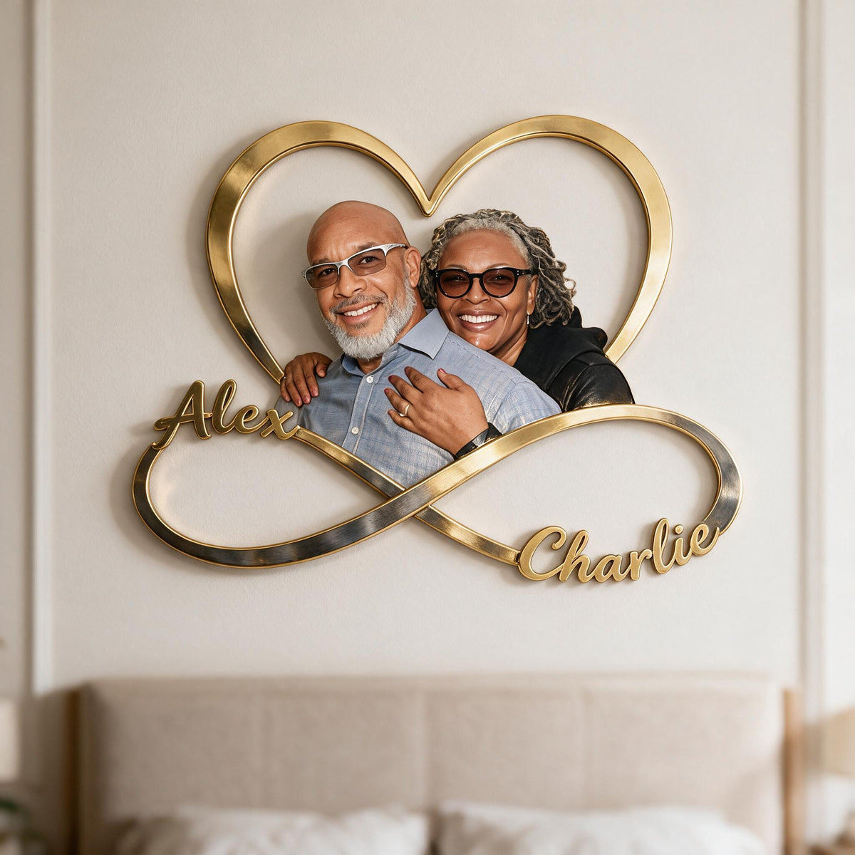 Panneau Métallique Infini Personnalisé Couple Noir d'Âge Moyen Décor de Chambre