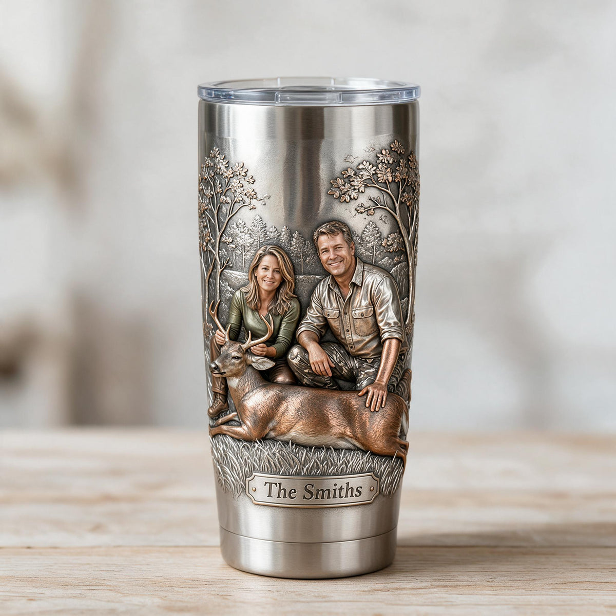 Personalized Custom Photo Middle-Aged Hunting Couple with Deer Tumbler Hunting Gift