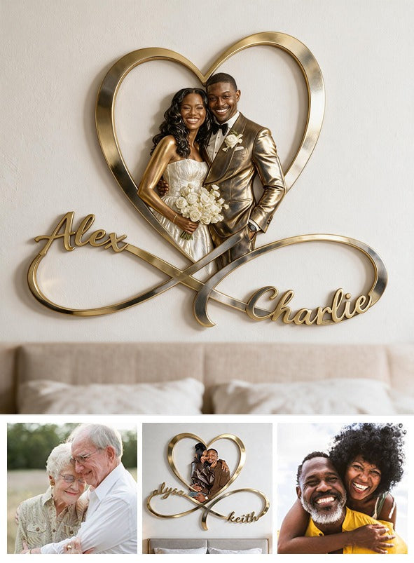Panneau Métallique Personnalisé Photo de Mariage Couple Noir Coeur Infini Décor de Chambre