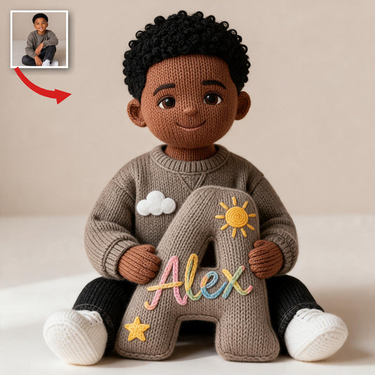 Coussin en fausse fourrure noir personnalisé photo garçon cadeau fils petit-fils