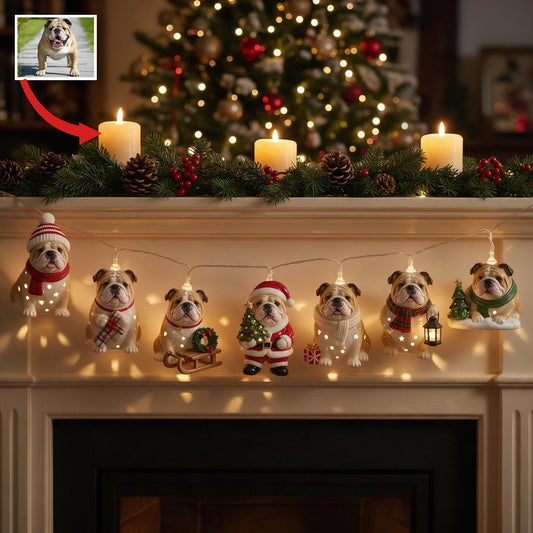 Guirlande lumineuse personnalisée photo de Noël Bulldog fauve & blanc