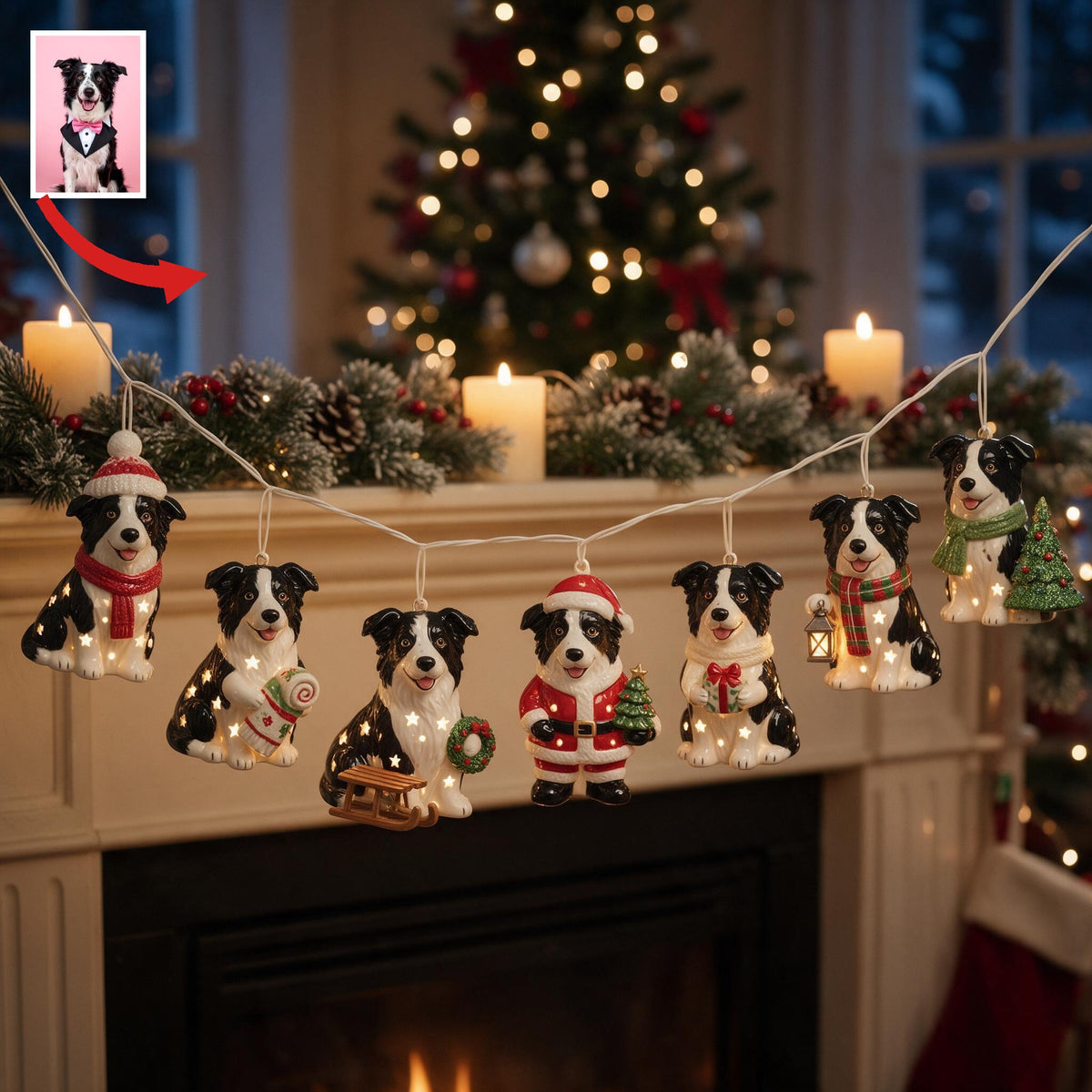 Personalized Custom Photo Christmas Black and White Border Collie String Lights