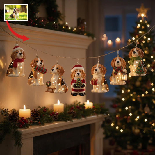 Guirlande lumineuse personnalisée photo de Noël tricolore Beagle adulte