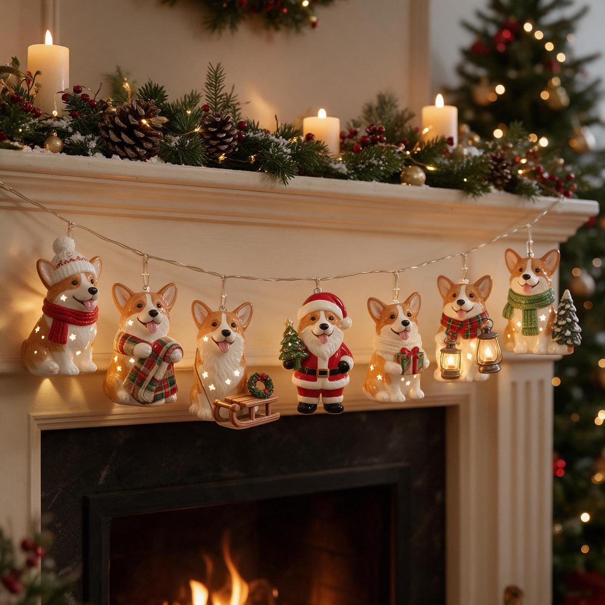 Personalized Custom Photo Christmas Tan and White Pembroke Welsh Corgi String Lights