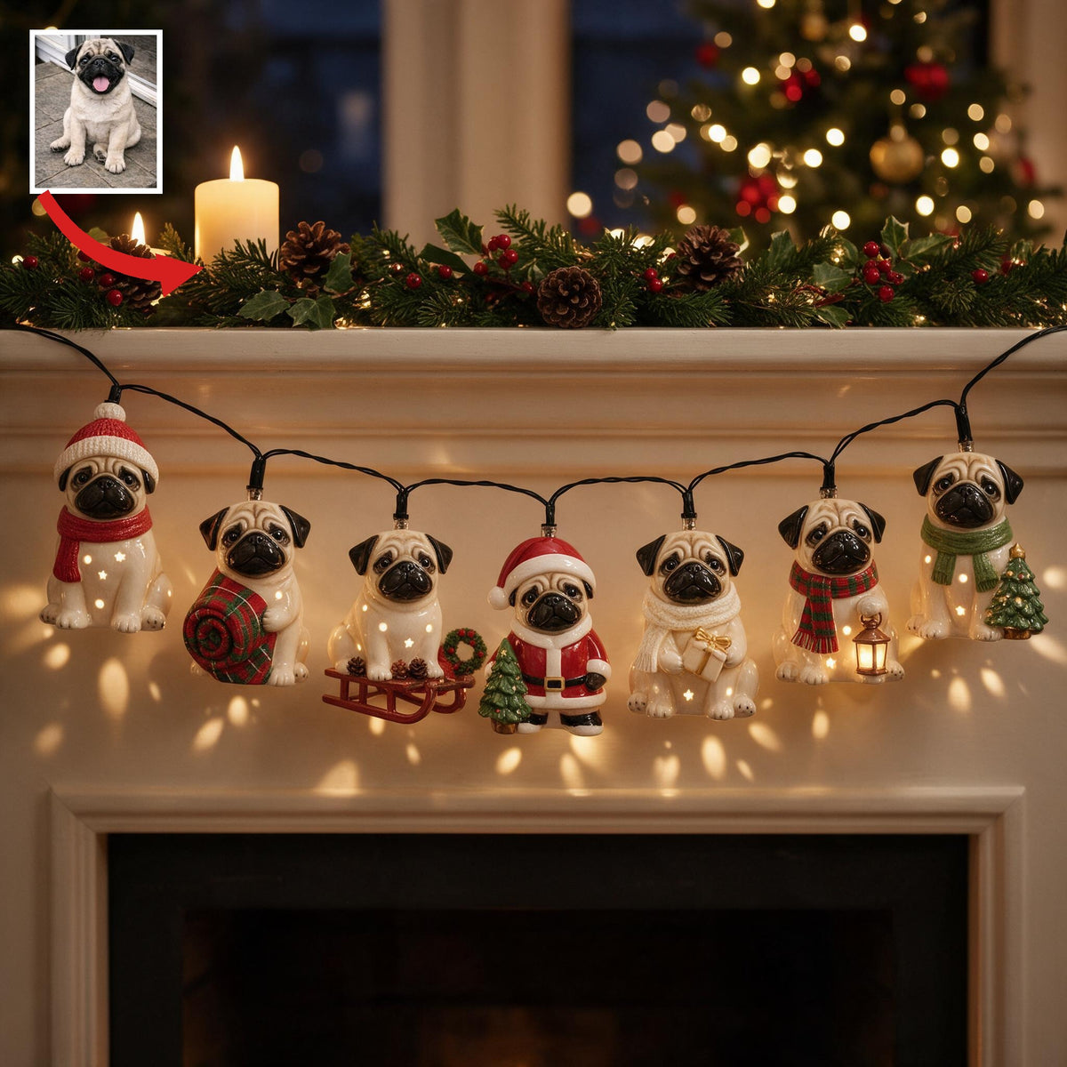 Personalized Custom Photo Christmas Fawn Black Mask Pug String Lights Home Decor