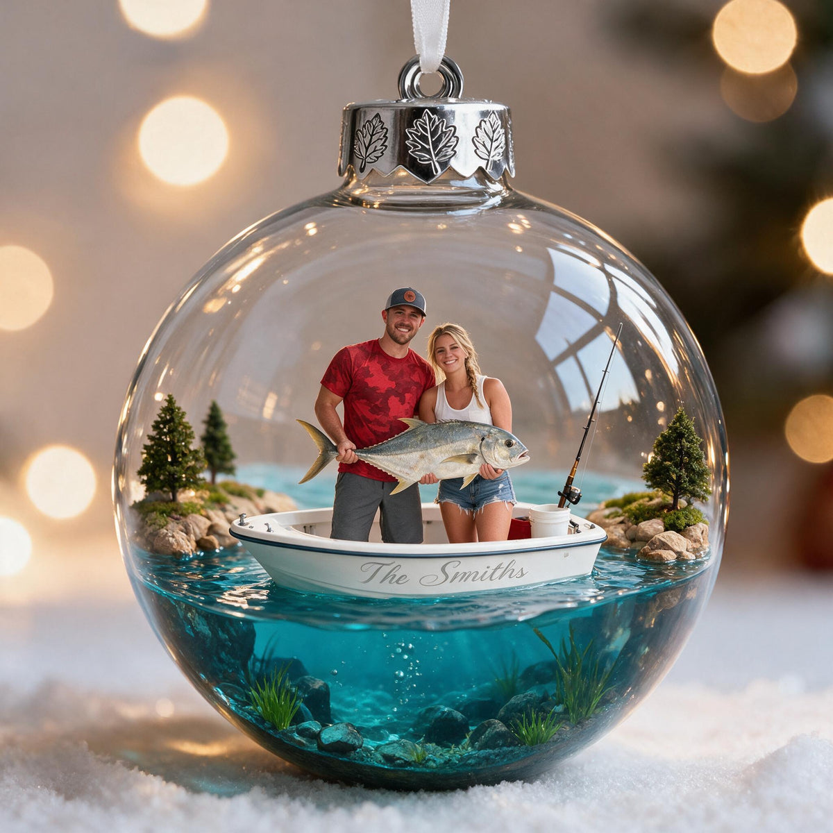 Personalized Custom Photo Christmas Fishing Couple Ornament Holiday Gift