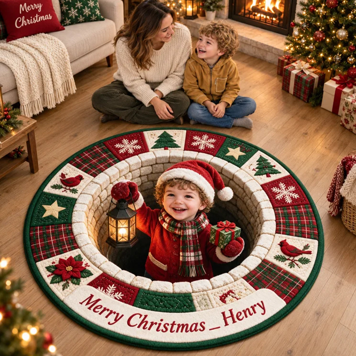 Personalized Christmas Black Little Girl Non-Slip Tufted Rug, Kids Holiday Home Decor Gift