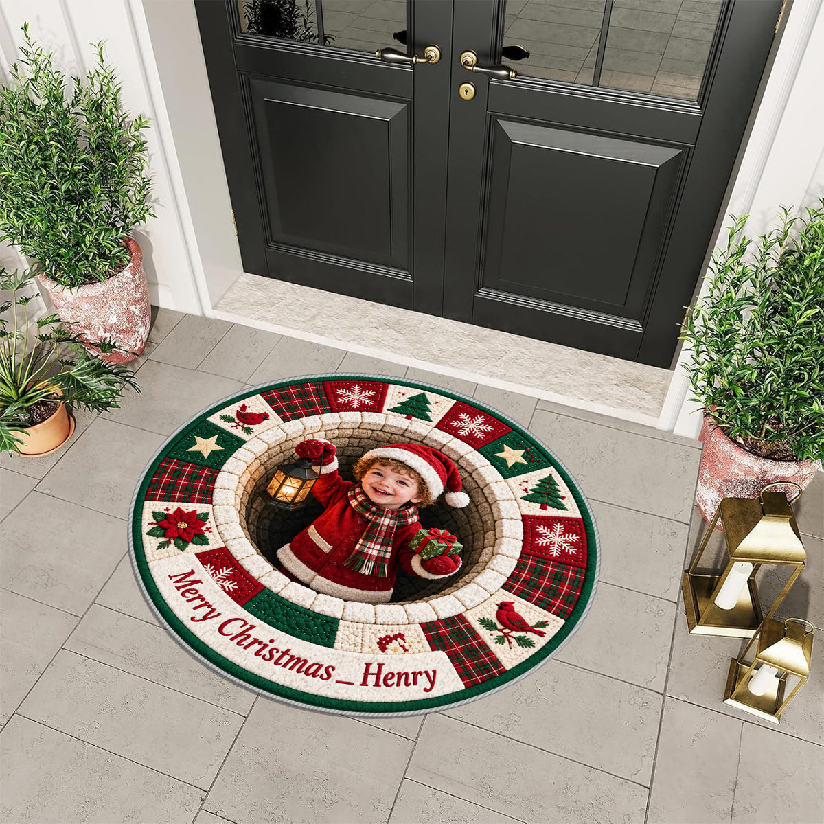 Personalized Christmas Black Little Girl Non-Slip Tufted Rug, Kids Holiday Home Decor Gift