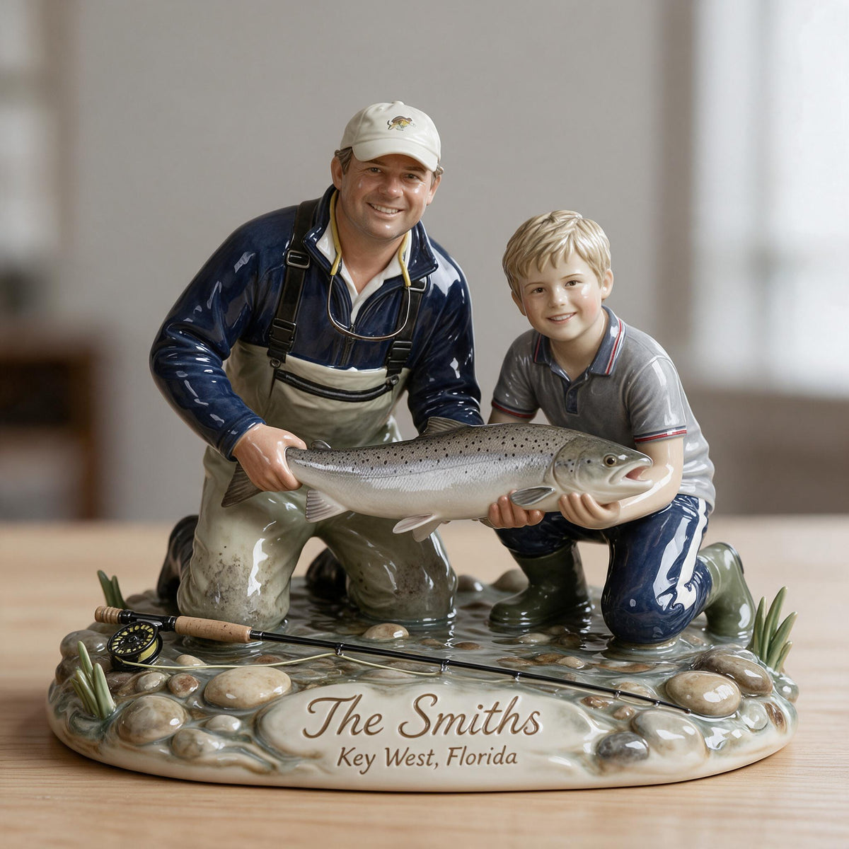Personalized Custom Photo Father and Child with Fish 3D Resin Plaque Fishing Home Decor Gift