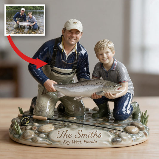 Plaque en Résine 3D Personnalisée Photo Père et Enfant avec Poisson - Cadeau Décor Maison