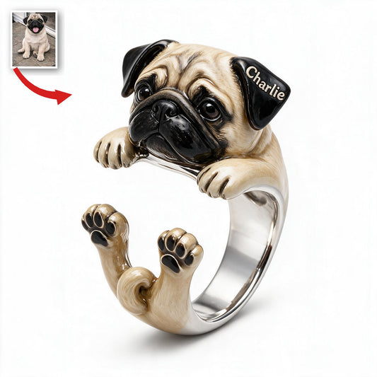 Personalized Fawn Pug Adjustable Ring Dog Lover Gift