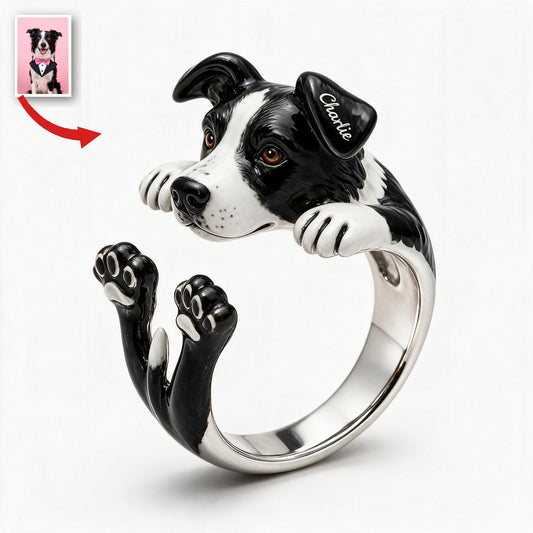 Personalized Black and White Border Collie Adjustable Shaped Ring Dog Lover Gift