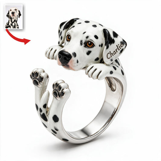 Personalized Black and White Spotted Dalmatian Adjustable Ring Dog Lover Gift