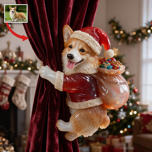 Attache-rideau personnalisé photo Noël Corgi Pembroke beige et blanc