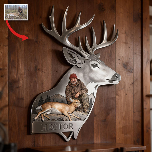 Personalized Custom Photo Middle-Aged Latino Hunter with Deer 3D Cut Metal Sign Hunting Wall Decor