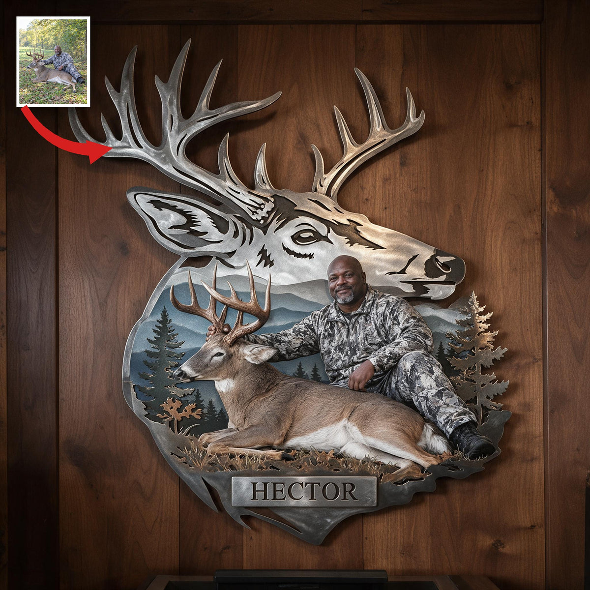 Personalized Custom Photo Middle-Aged Black Hunter with Deer 3D Cut Metal Sign Hunting Wall Decor