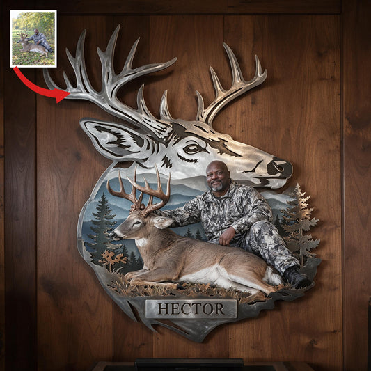 Personalized Custom Photo Middle-Aged Black Hunter with Deer 3D Cut Metal Sign Hunting Wall Decor